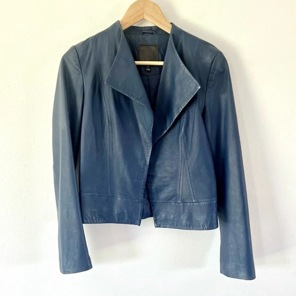 Joie Genuine Leather Navy Blue  Open Front Fold Over Collar Blazer Size Small - Picture 1 of 10